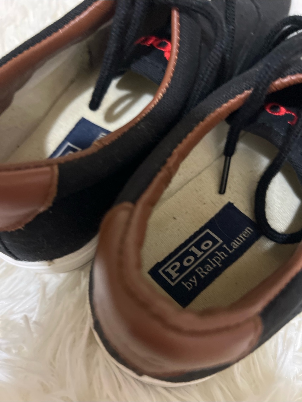 Polo by Ralph Lauren Black Canvas Sneakers Brown Collar Red Logo Very Clean! - Picture 4 of 8